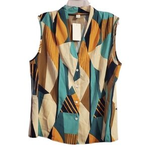 NWT Boutique Women's Geometric Button Down Sleeveless Blouse Top XL